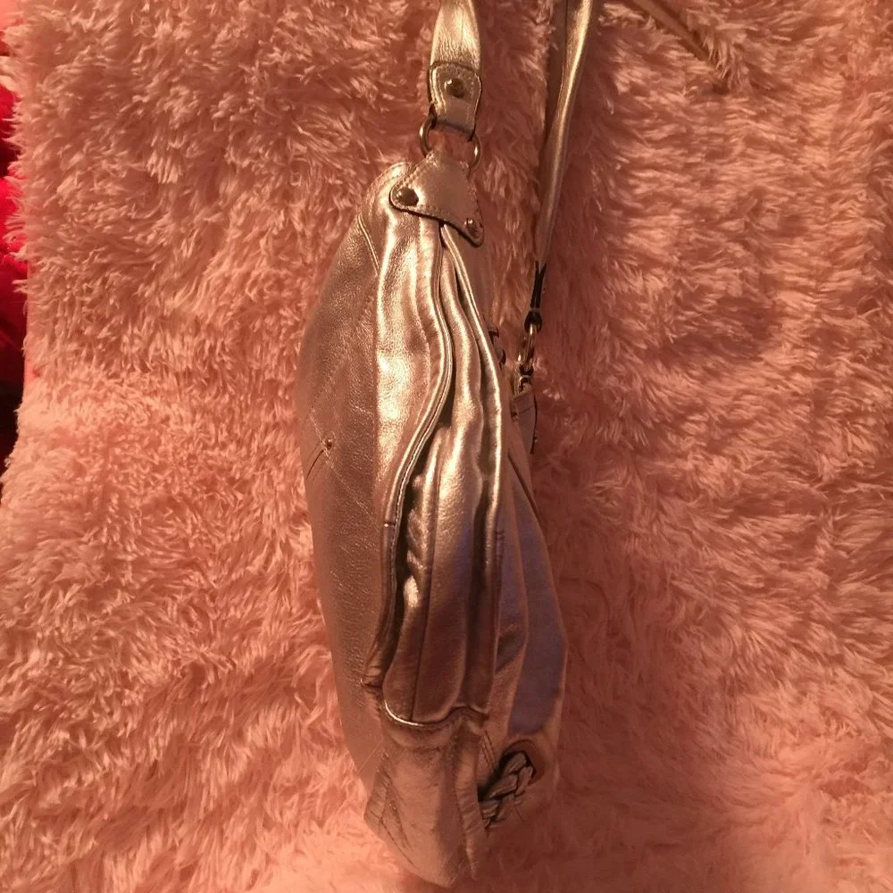 B. Makowski Silver Metallic Leather Hobo Shoulder Bag Purse